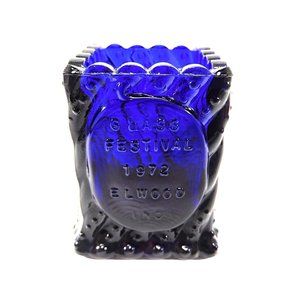 Vintage Cobalt Blue Square Souvenir Toothpick Holder Glass Festival 1972